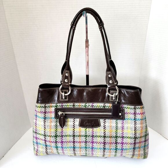 Coach Penelope Tattersall Satchel Plaid Wool  Multi-color & Brown Patent Leather - Picture 1 of 16